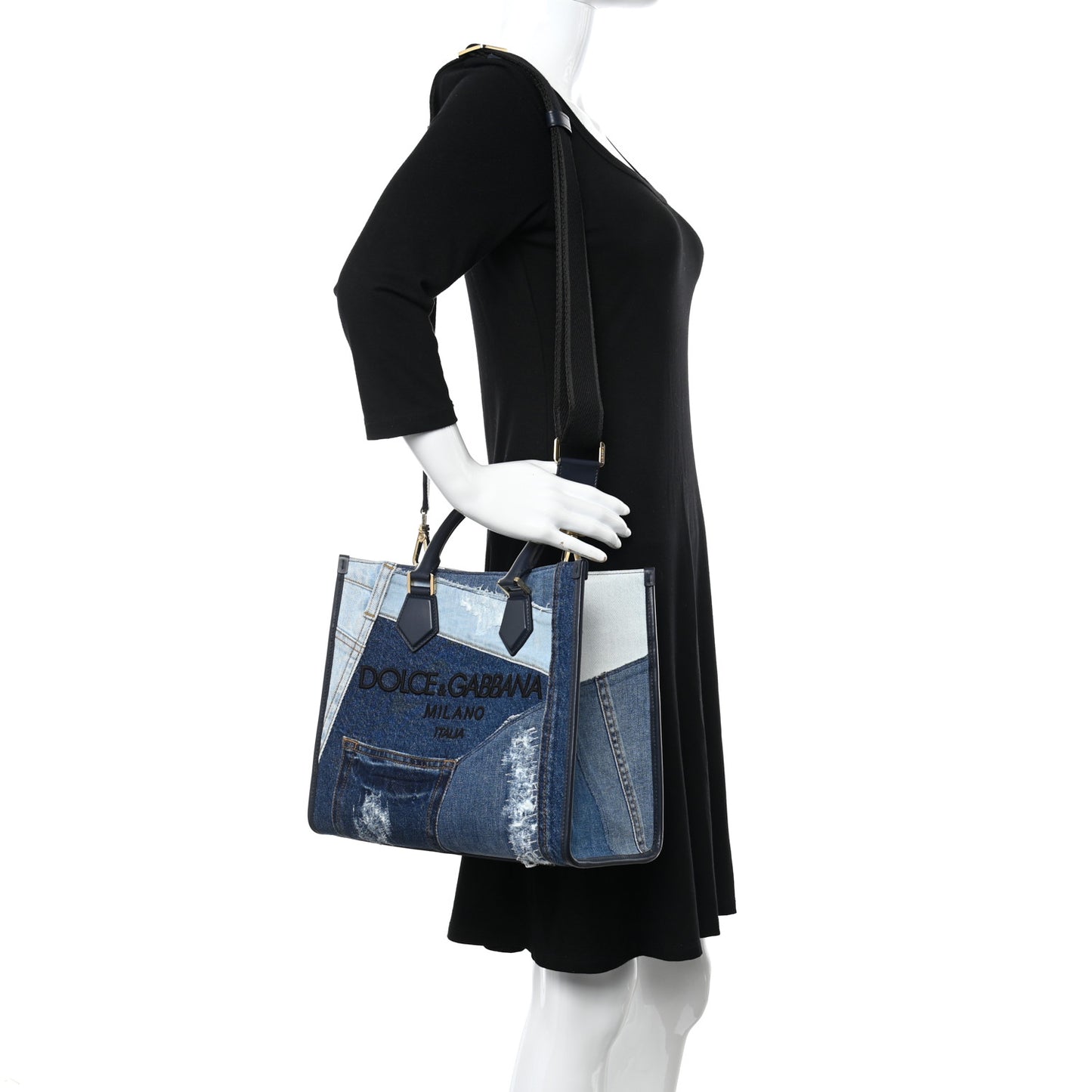 Calfskin Denim Patchwork Logo Shopper Tote Blue