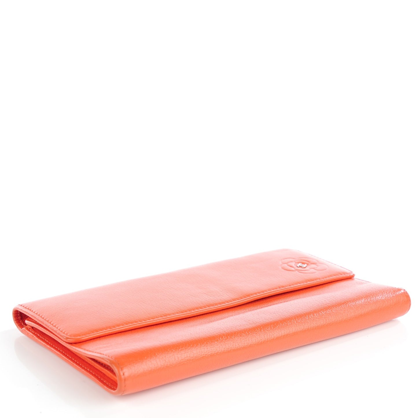 Goatskin Camellia Embossed Flap Wallet Coral