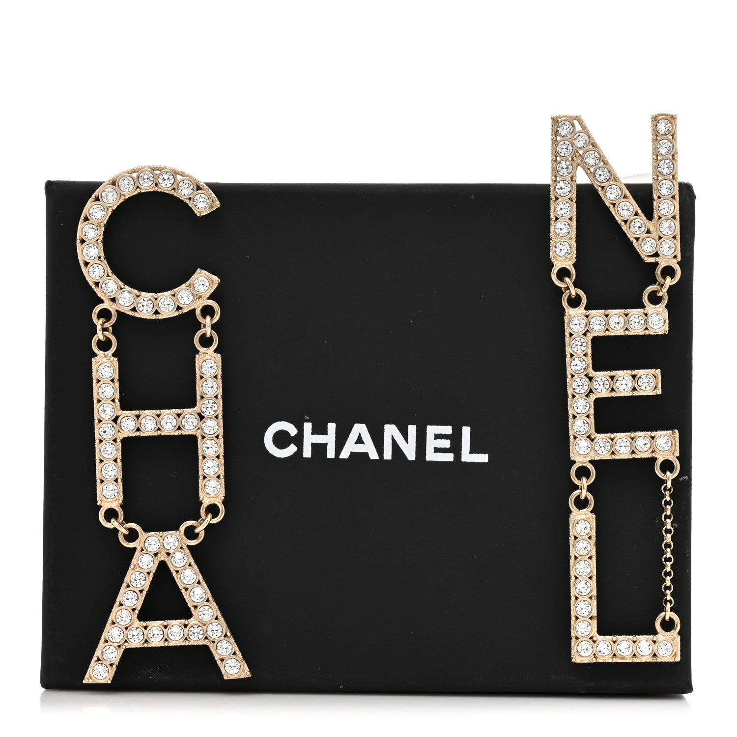 Chanel Crystal Cha-Nel Logo Drop Earrings Gold 7 of 7