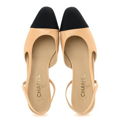Chanel Goatskin Grosgrain Cap Toe CC Slingback Sandals 40 Beige Black 2 of 10