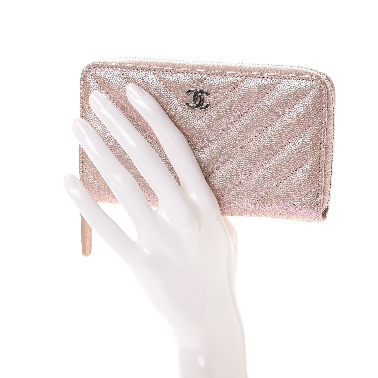 Chanel Metallic Caviar Chevron Quilted Small Zip Around Wallet Light Gold 2 of 9