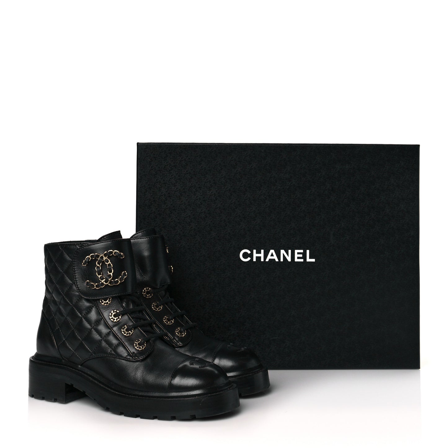Shiny Lambskin Quilted Lace Up Combat Boots 36.5 Black