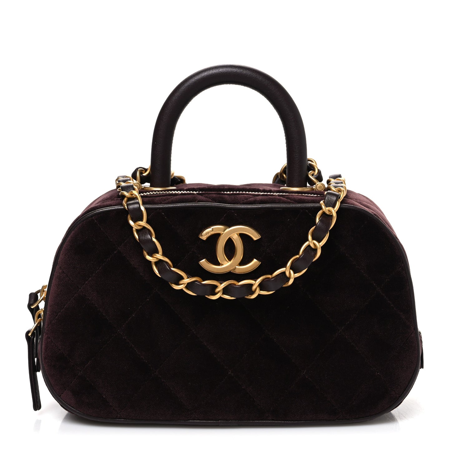 Velvet Quilted Top Handle Mini Bowling Bag Dark Brown