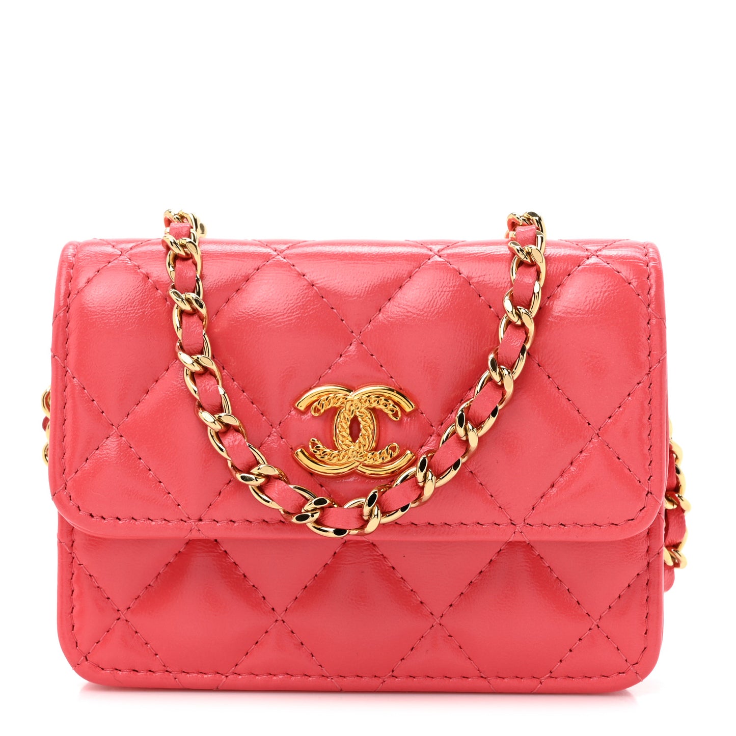 Shiny Lambskin Quilted Card Holder On Chain Pink