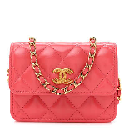 Chanel Shiny Lambskin Quilted Card Holder On Chain Pink 1 of 11