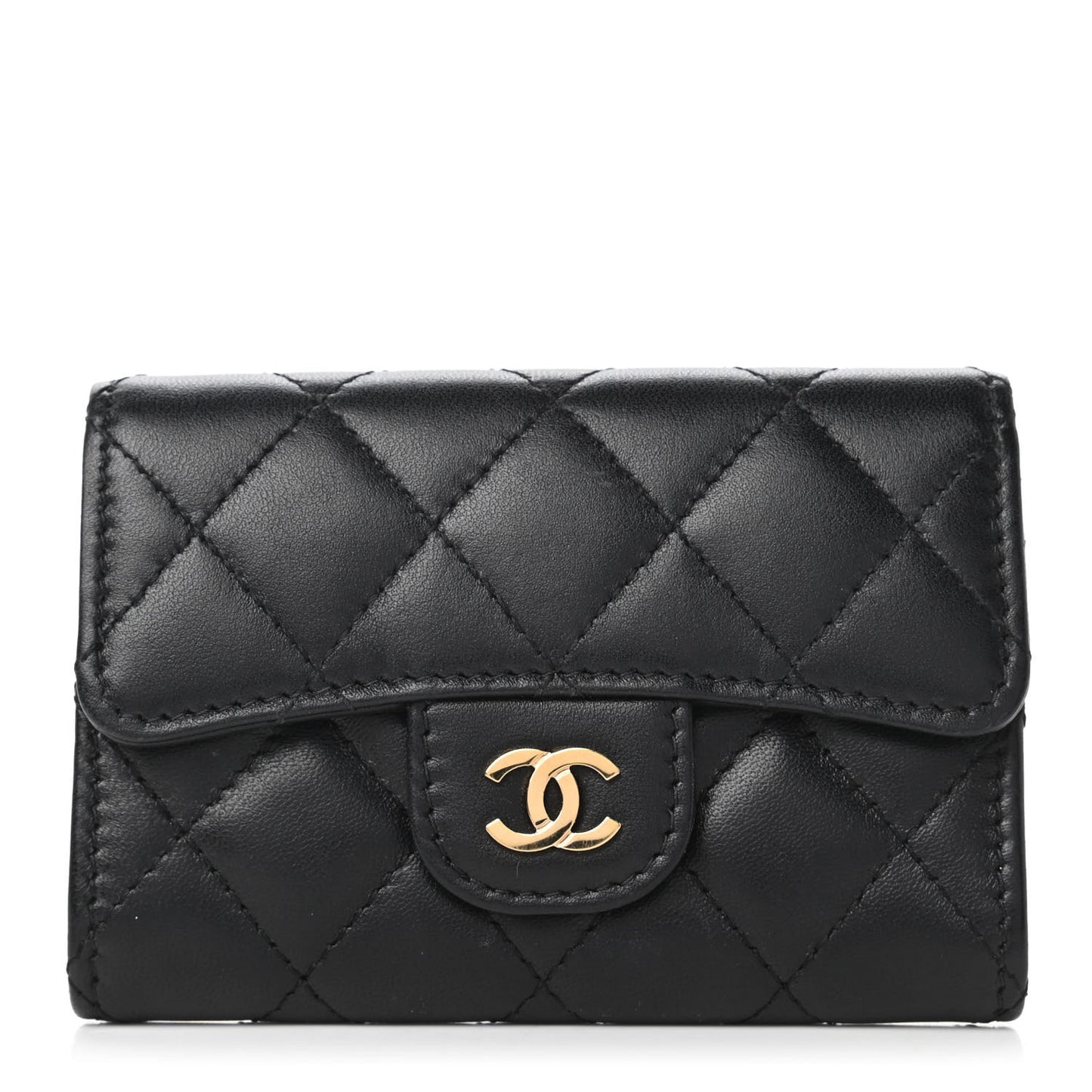 Lambskin Quilted Flap Card Holder Black