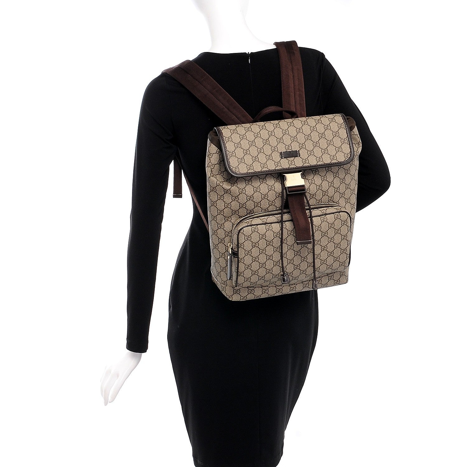 Gucci GG Supreme Monogram Medium Single Buckle Rucksack Backpack Beige Ebony Brown 2 of 7