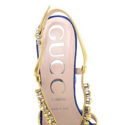 Gucci Velvet Nappa Crystal Zephyra Slingback Platform High Heel Sandals 37 Blue Gold 6 of 8