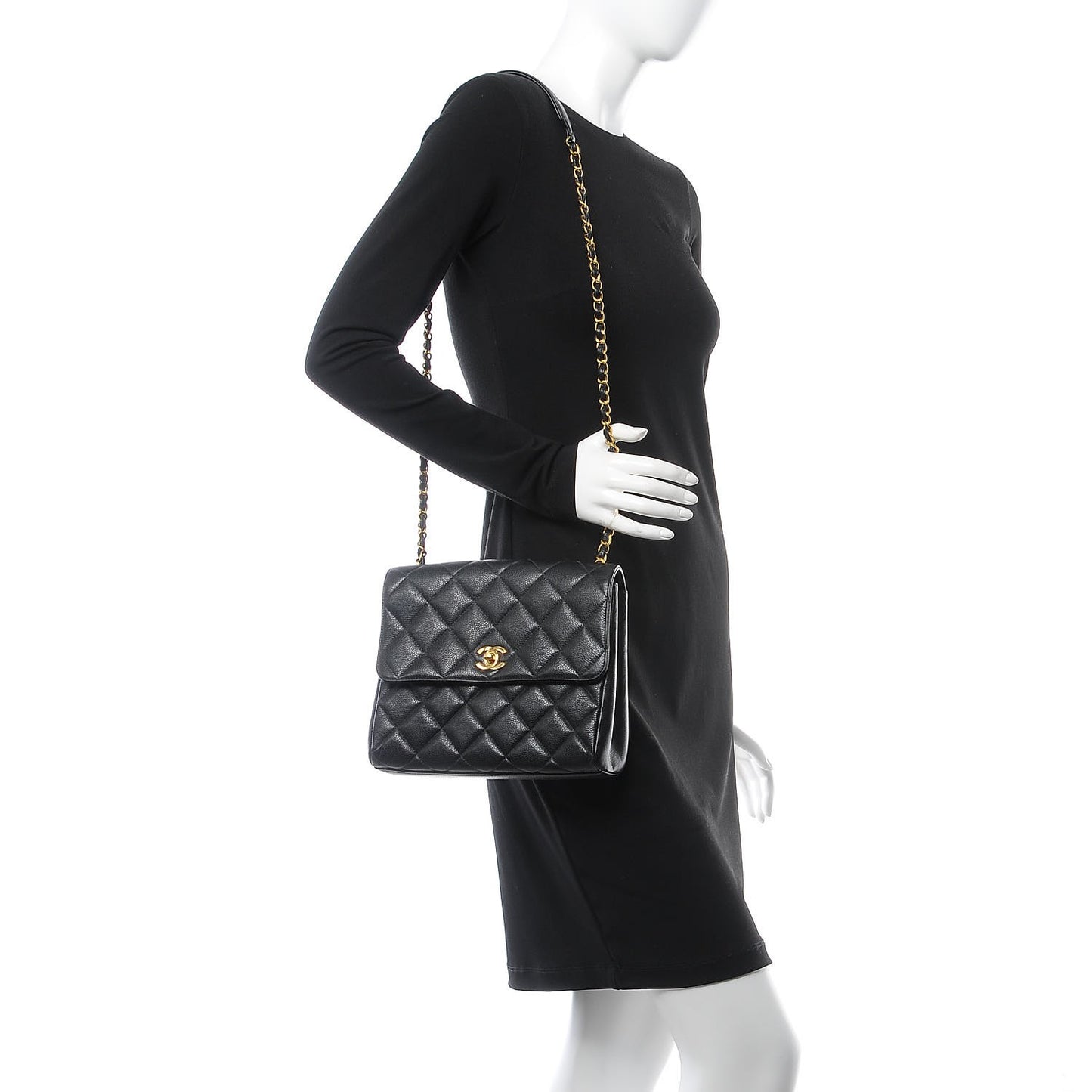Caviar Quilted Medium Flap Shoulder Bag Black