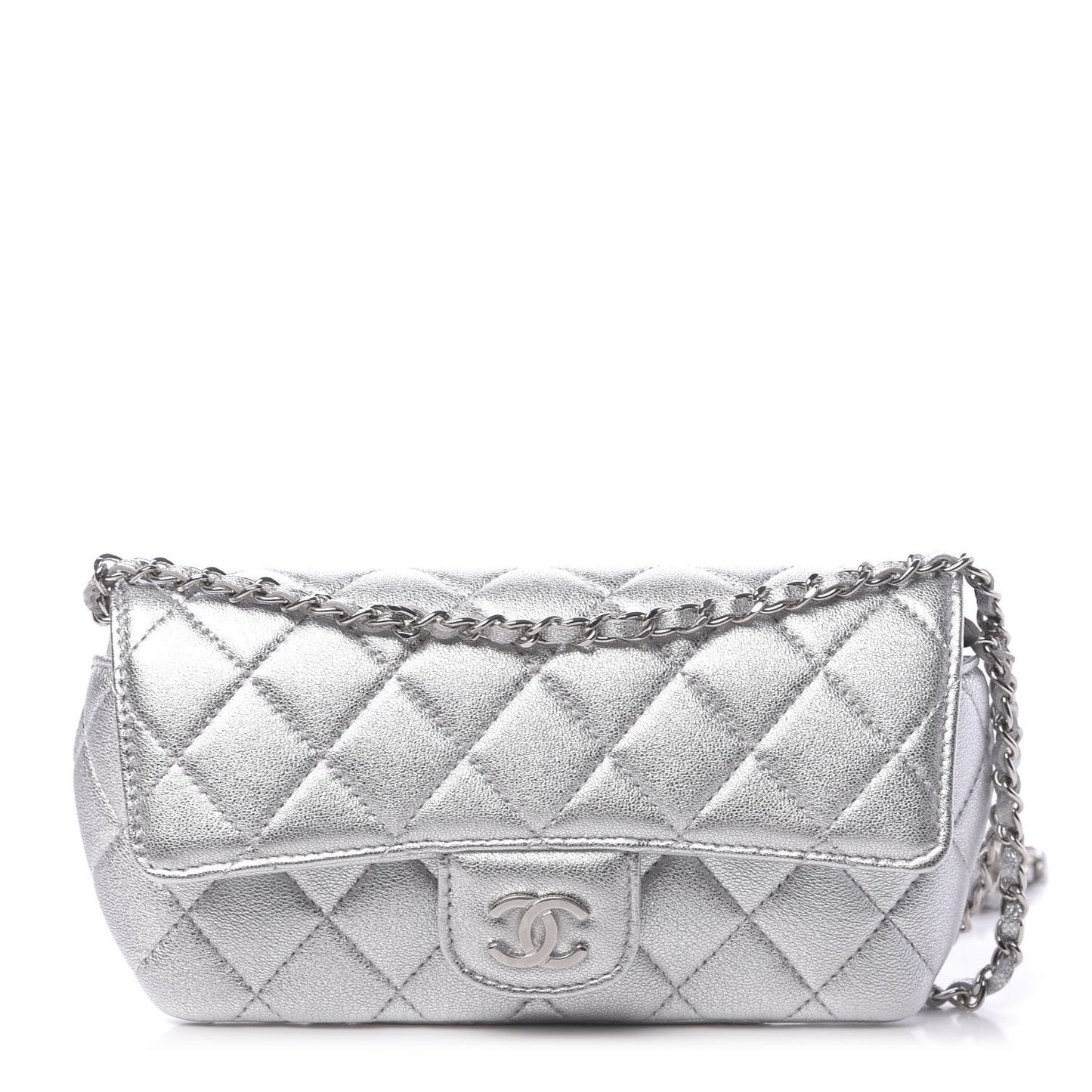 Metallic Lambskin Quilted Glasses Case With Chain Silver