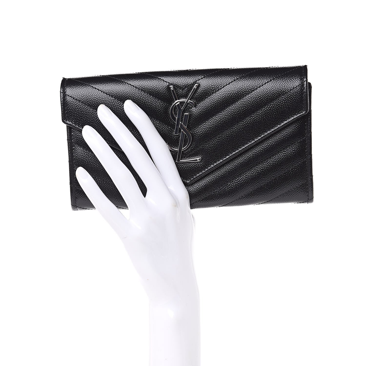 Saint Laurent Grain De Poudre Matelasse Chevron Monogram Flap Wallet Black 2 of 7