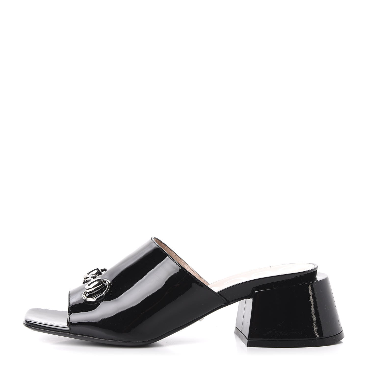 Gucci Patent Lexi Horsebit Mid-Heel Slide Sandals 38 Black 1 of 9