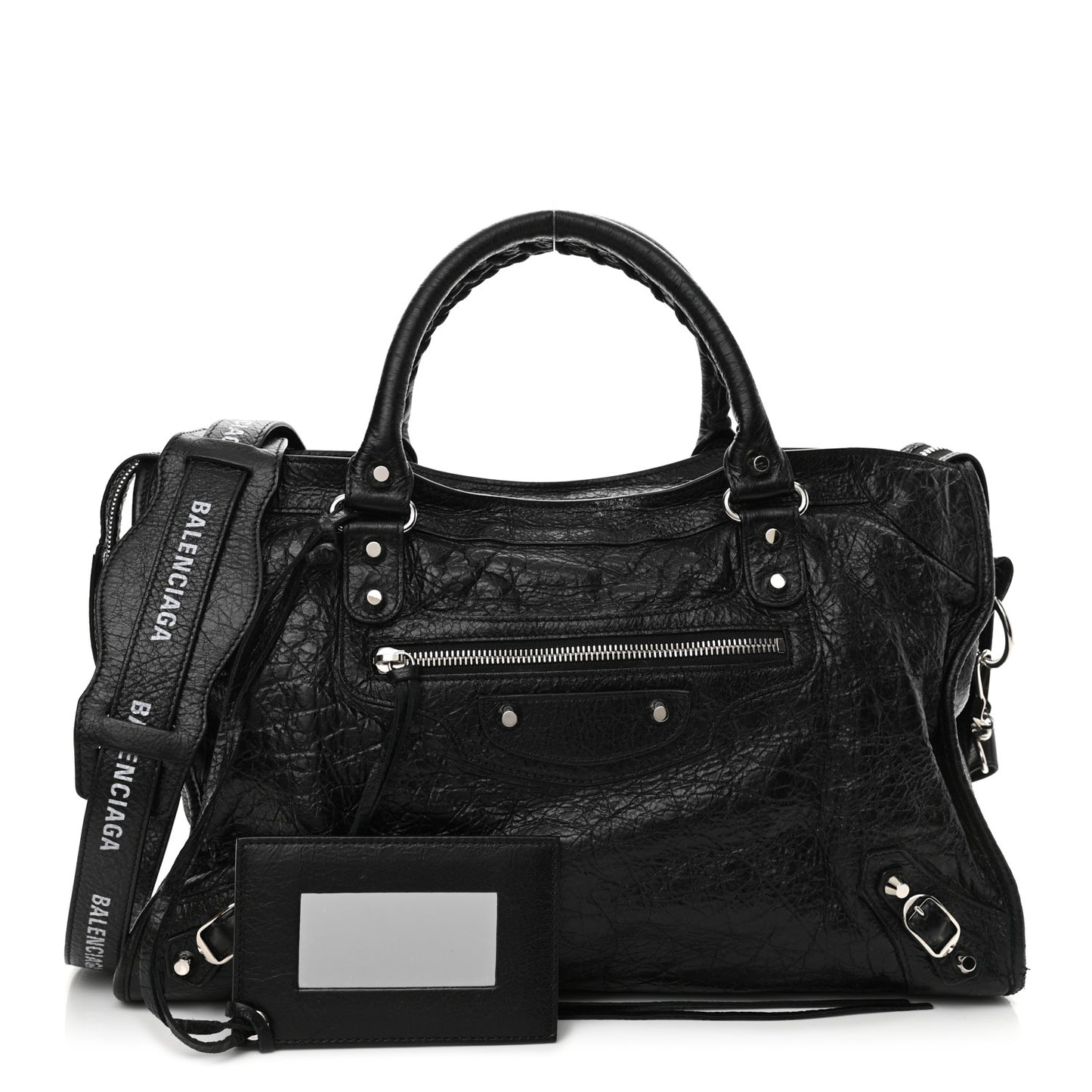 Agneau Classic Silver Hardware City Logo Strap Black White
