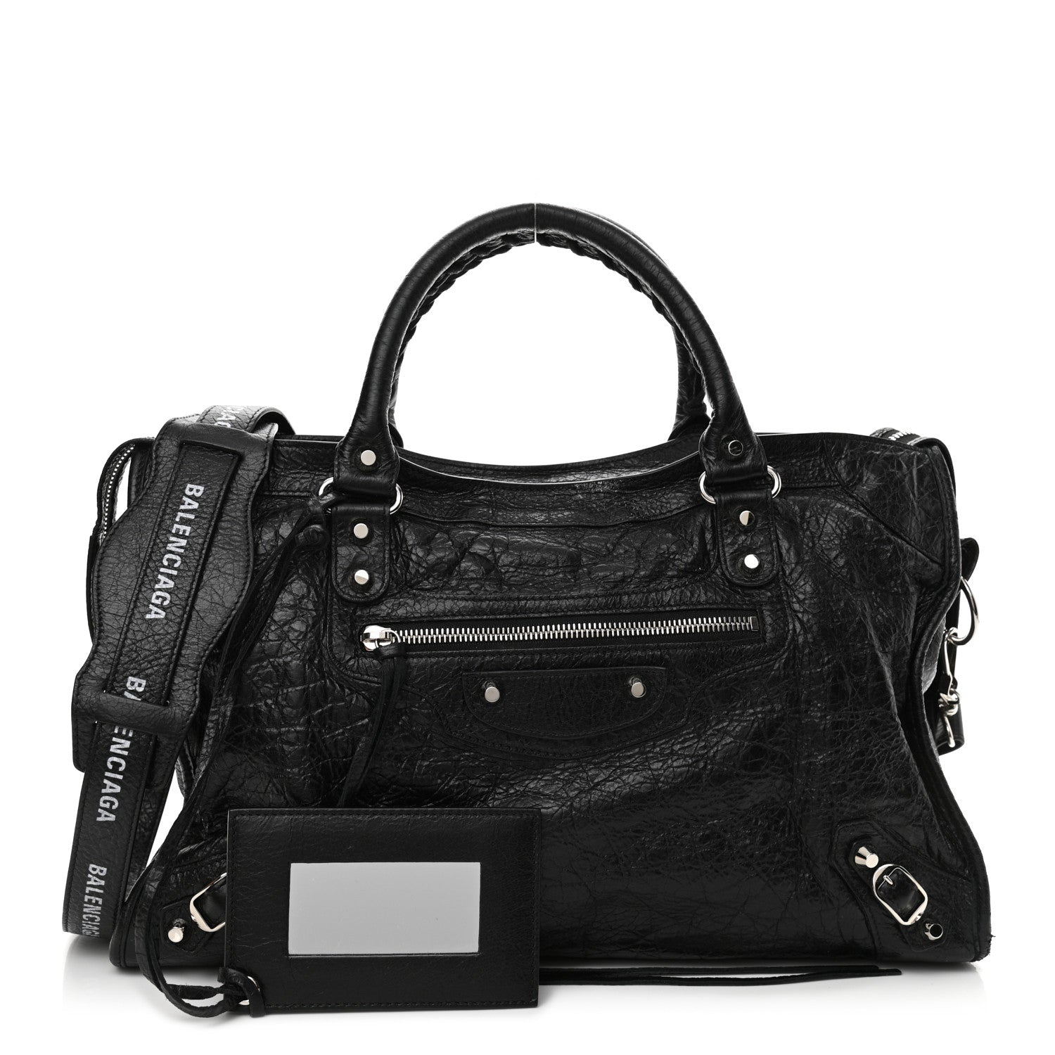 Balenciaga Agneau Classic Silver Hardware City Logo Strap Black White 1 of 11