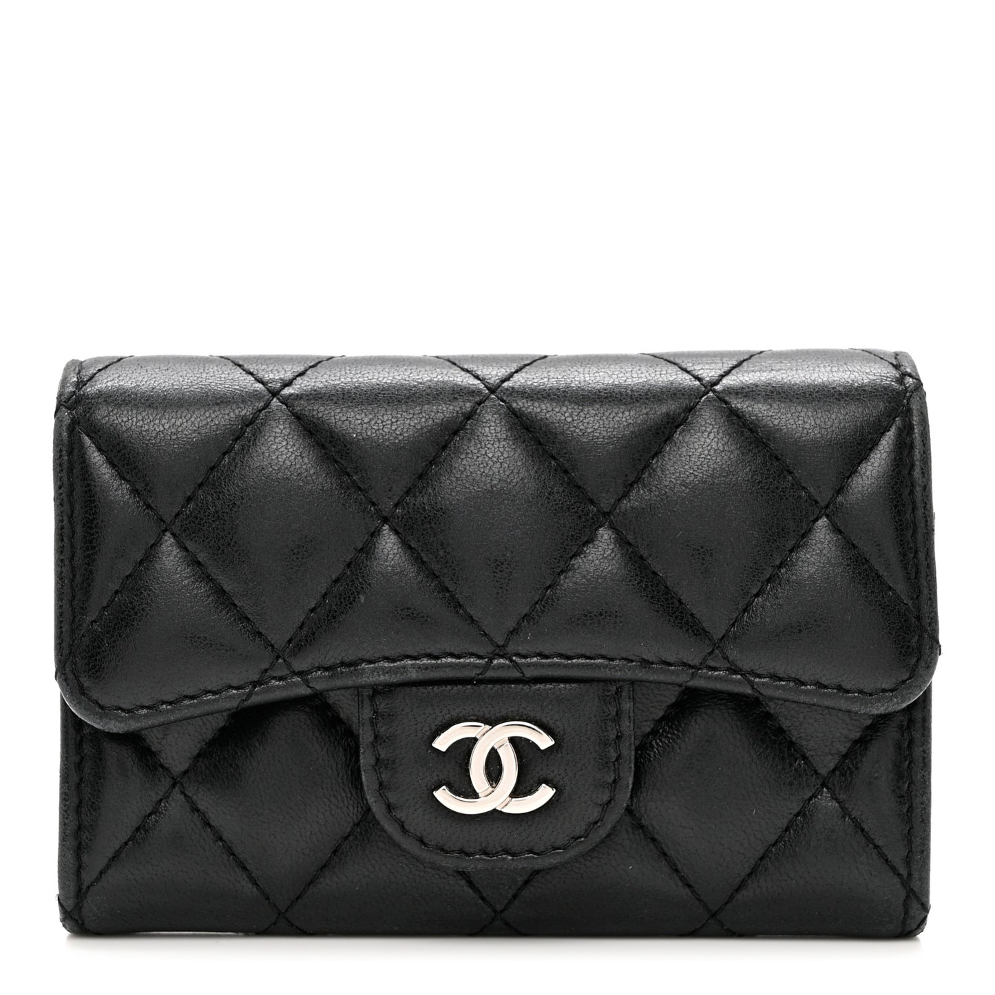 Lambskin Quilted Flap Card Holder Wallet Black