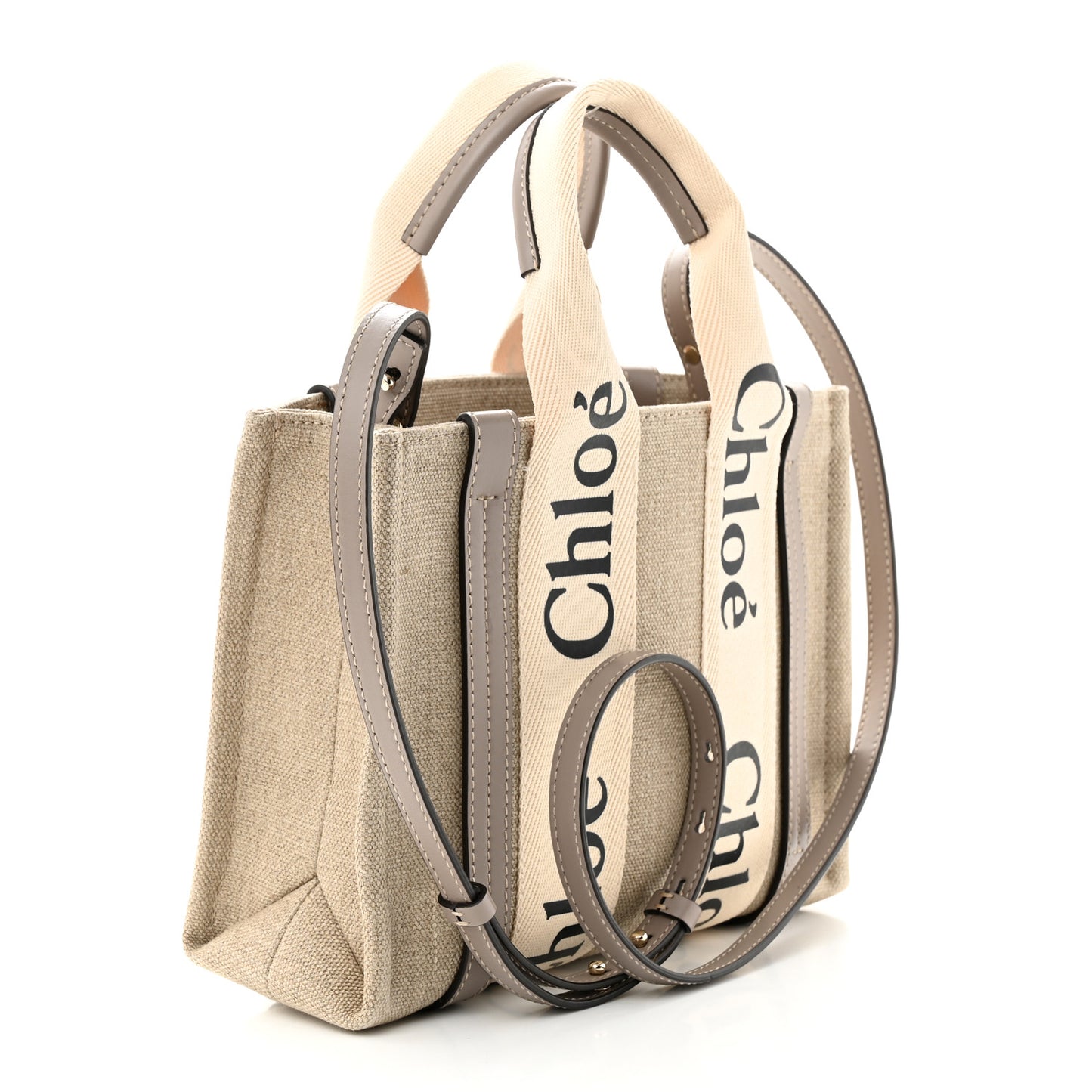 Linen Calfskin Small Woody Ribbon Tote With Strap White Grey