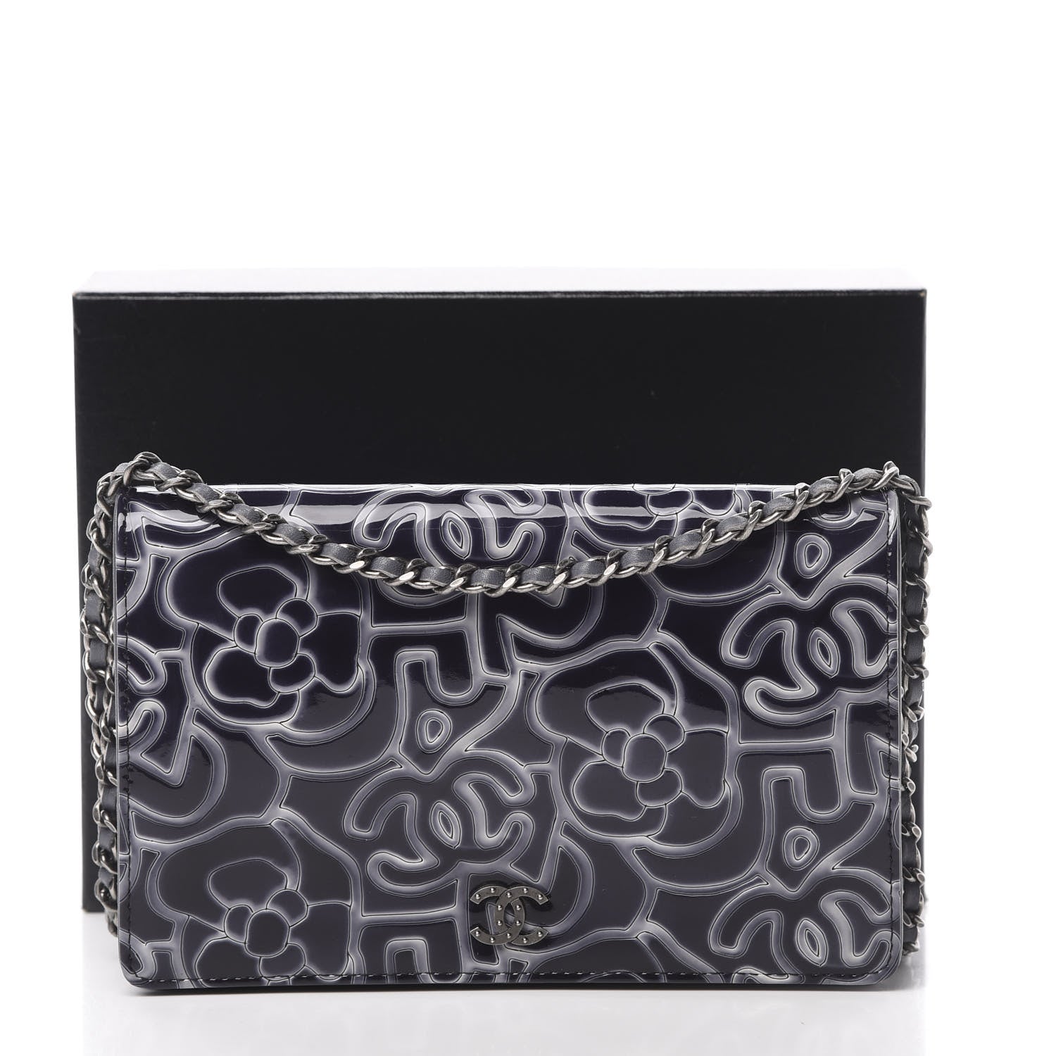 Chanel Patent Camellia Embossed Wallet on Chain WOC Dark Blue 14 of 14