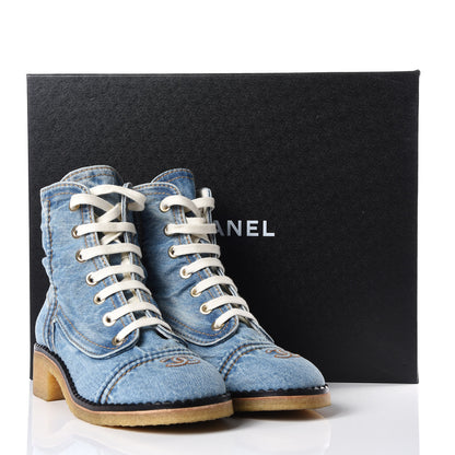 Chanel Denim Lace Up Boots 38.5 Light Blue 9 of 9
