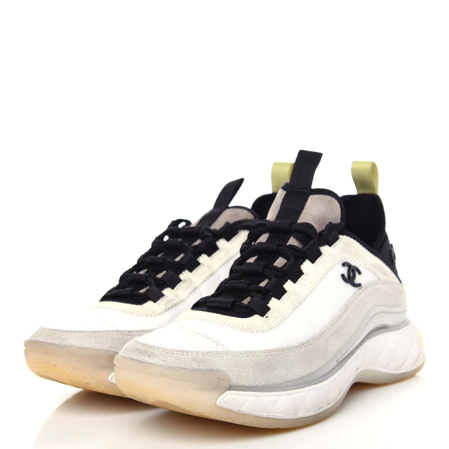 Chanel Fabric Calfskin Suede CC Sneakers 36 White Gray Yellow 4 of 11