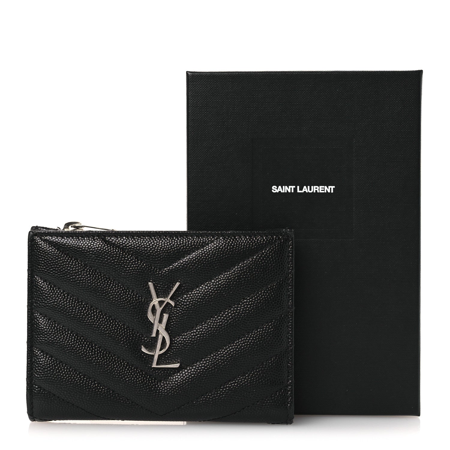 Saint Laurent Grain De Poudre Matelasse Chevron Monogram Zipped Two-Part Wallet Black 10 of 10
