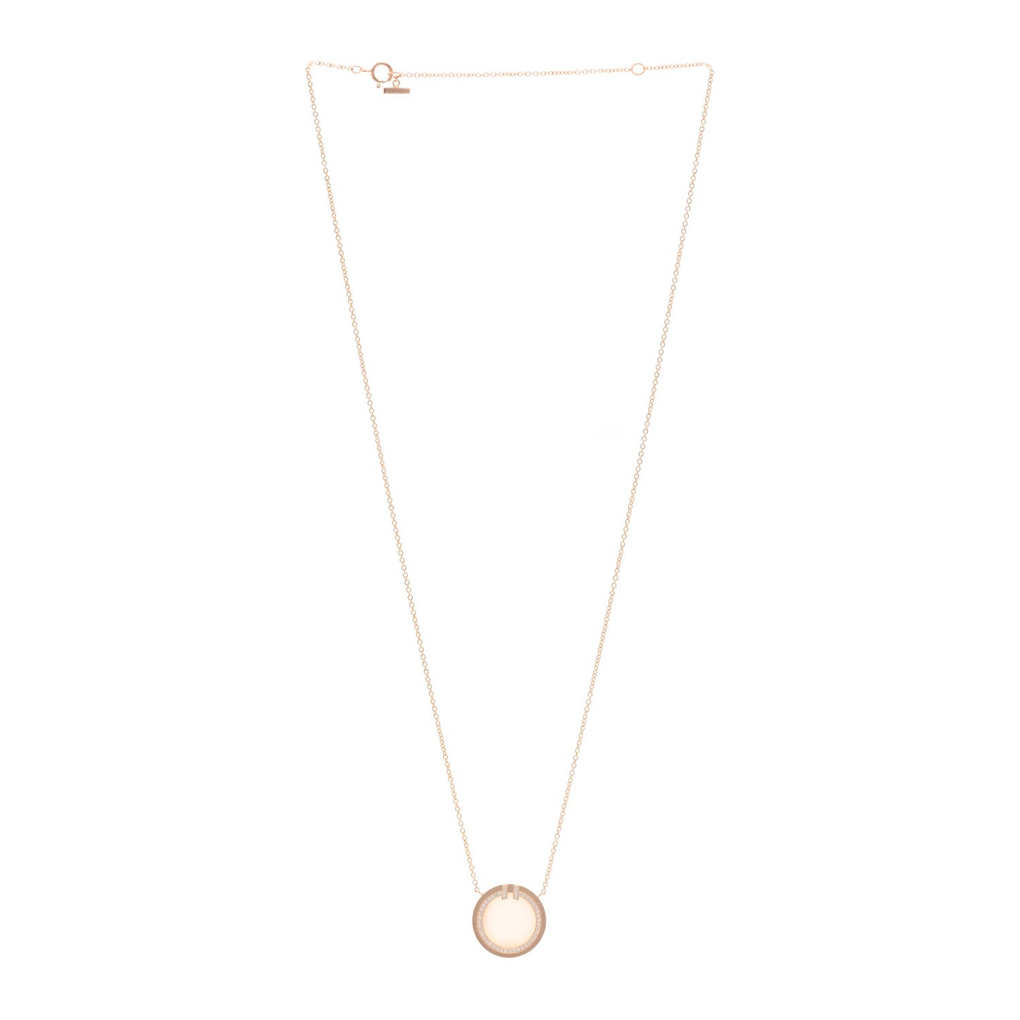 18K Rose Gold Diamond Pink Opal T Circle Pendant Necklace