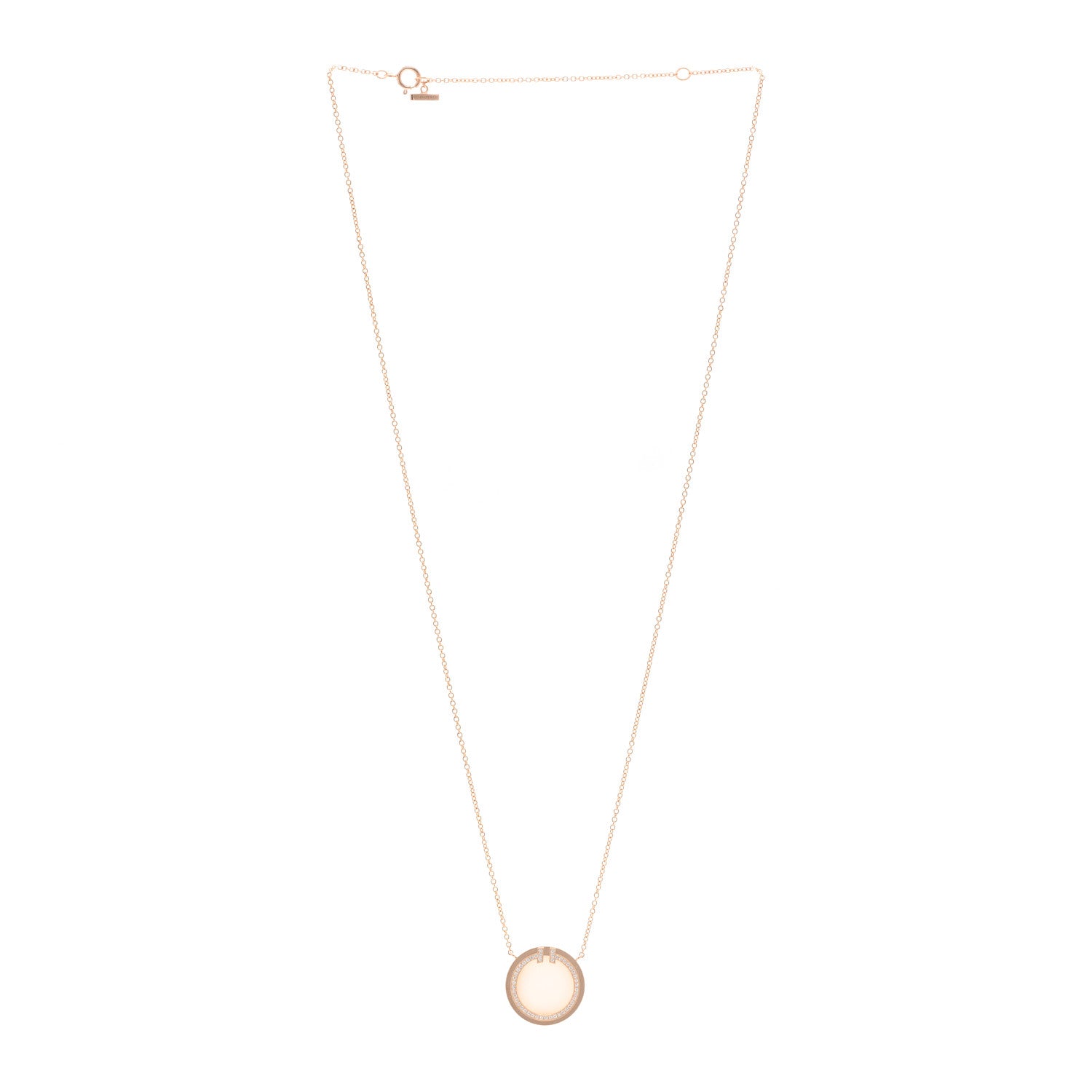 Tiffany 18K Rose Gold Diamond Pink Opal T Circle Pendant Necklace 3 of 5