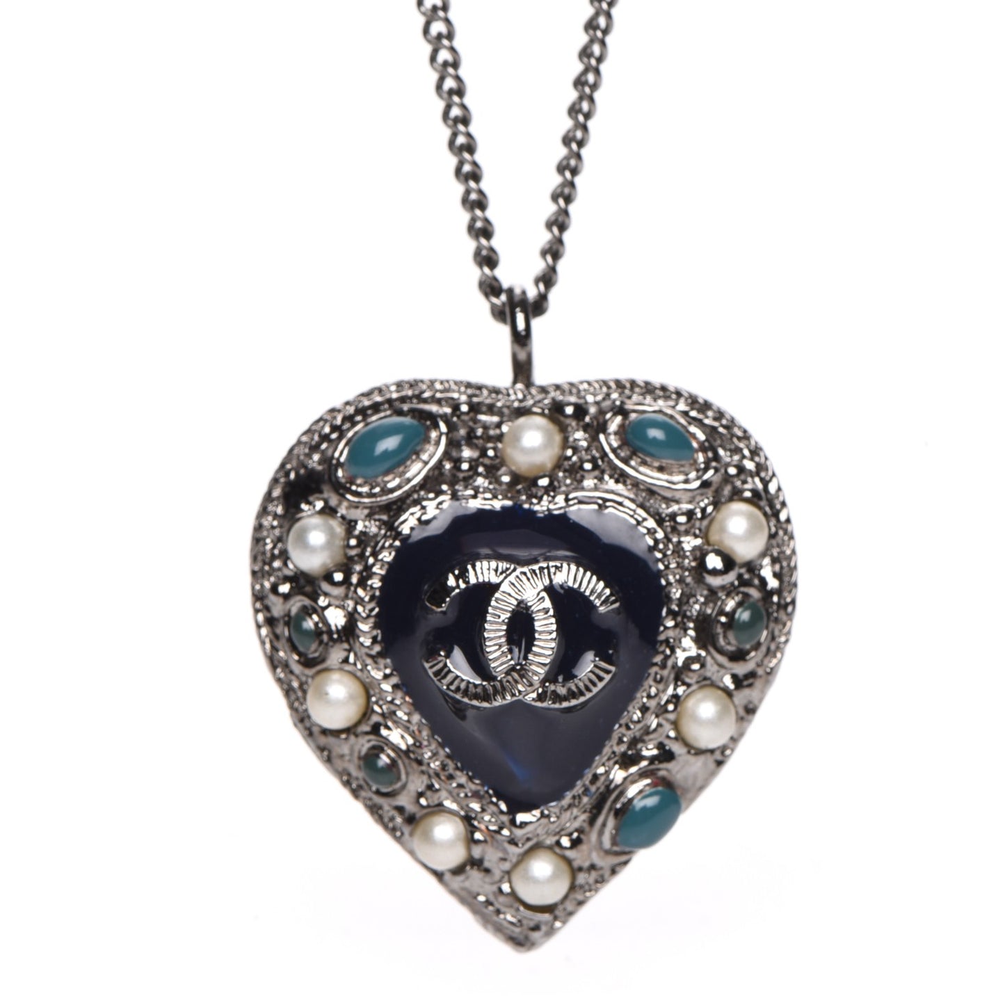 Pearl Enamel Heart CC Necklace Pendant Silver