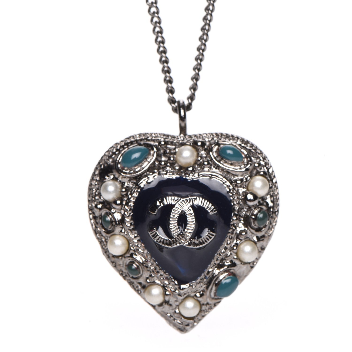 Chanel Pearl Enamel Heart CC Necklace Pendant Silver 4 of 6