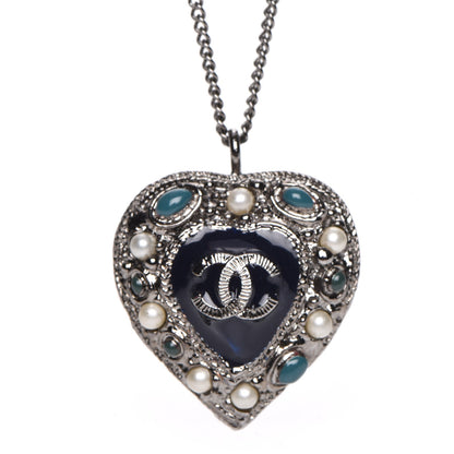 Chanel Pearl Enamel Heart CC Necklace Pendant Silver 4 of 6