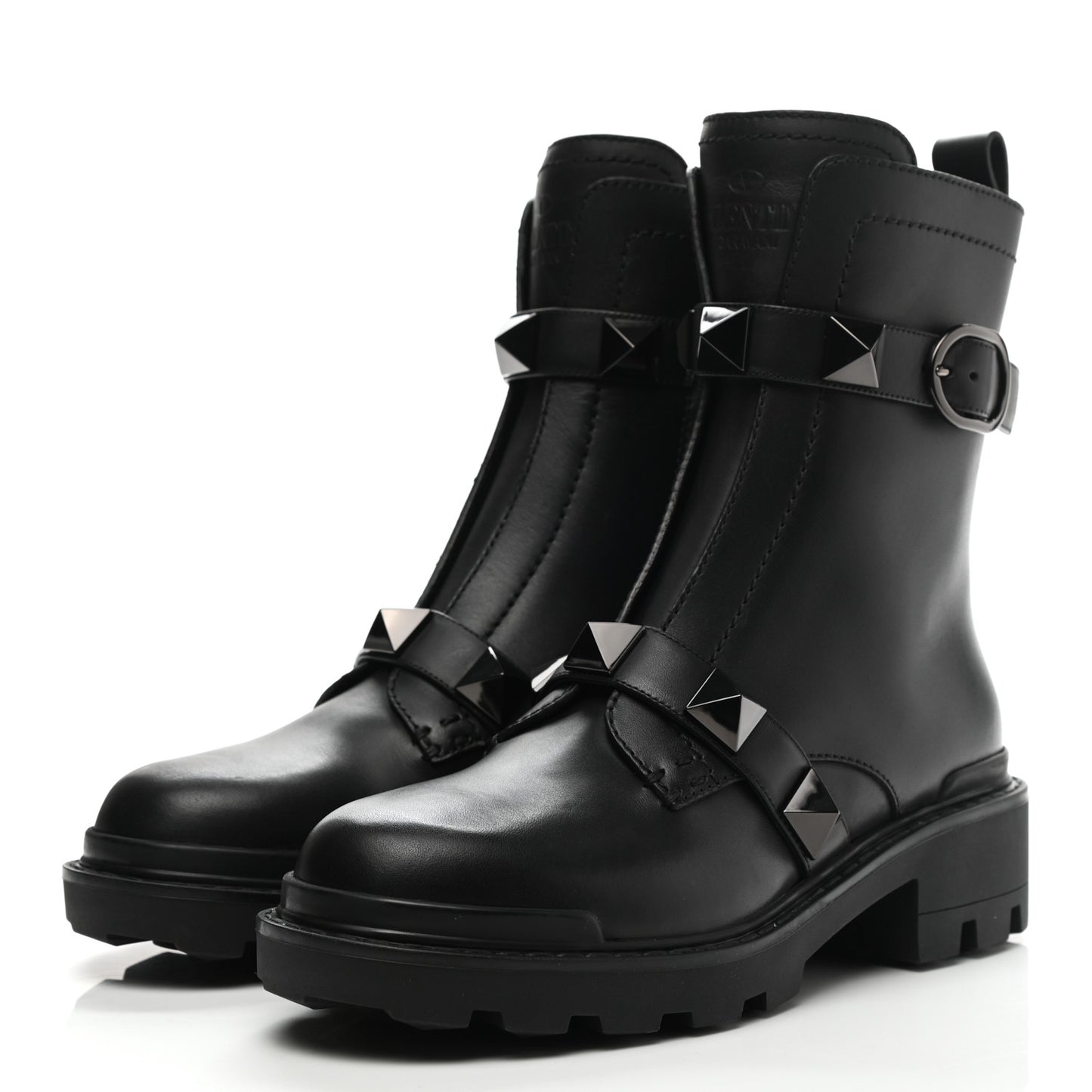 Calfskin Tonal Roman Stud 20/40mm Combat Boots 37.5 Black