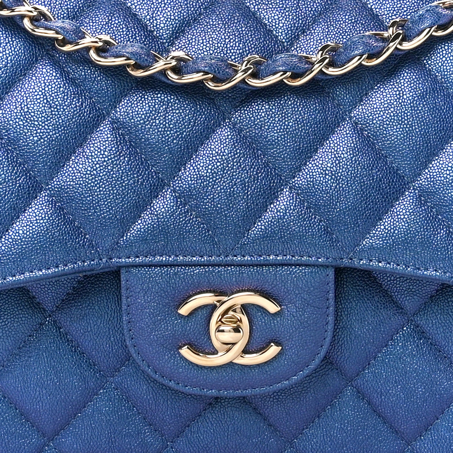 Iridescent Caviar Quilted Jumbo Double Flap Dark Blue