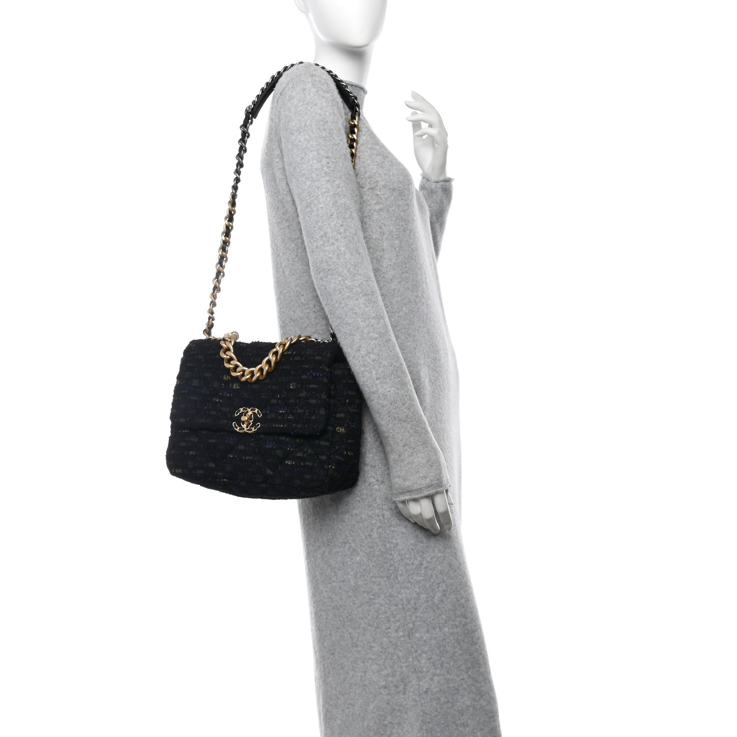 Tweed Quilted Large Chanel 19 Flap Black Navy Gold