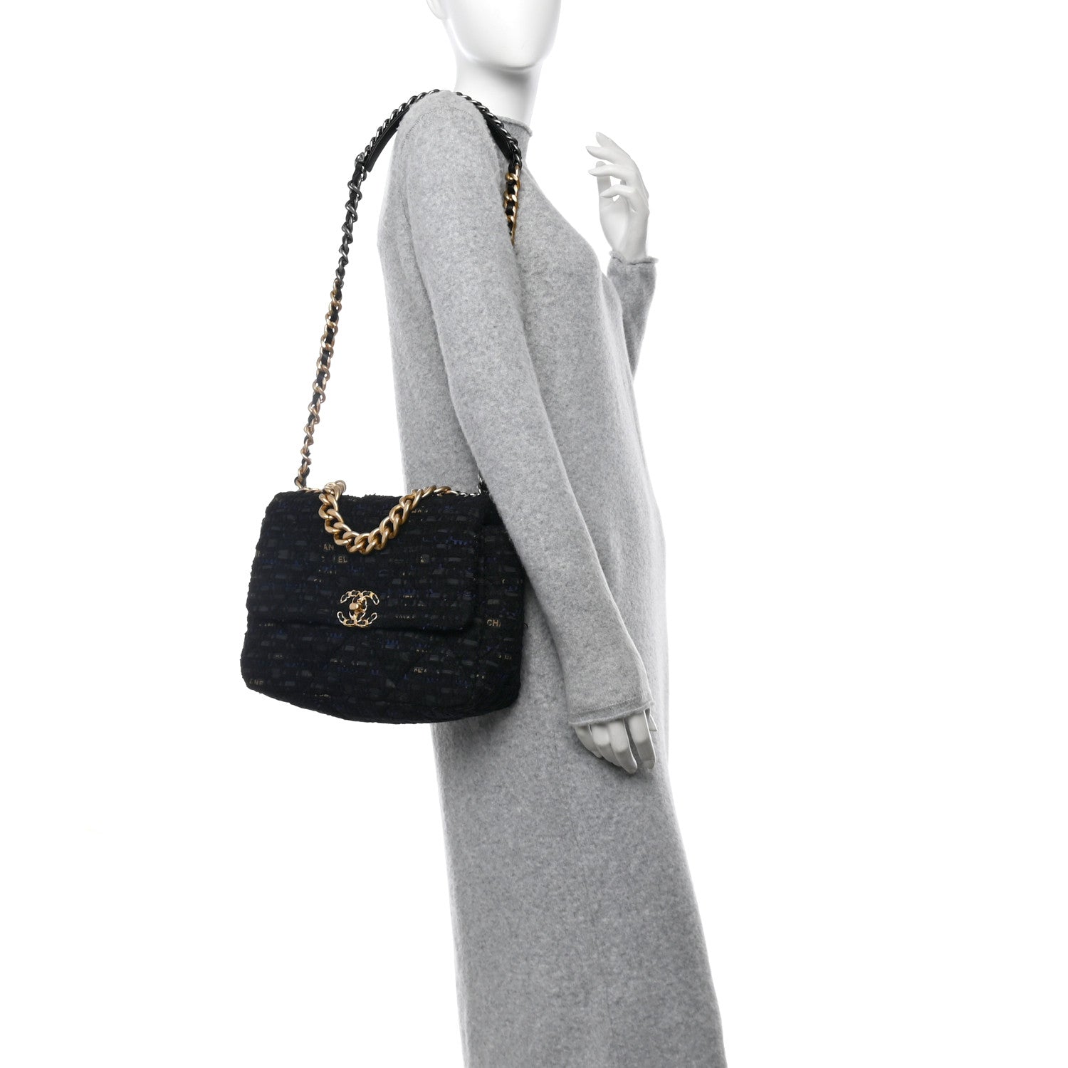 Chanel Tweed Quilted Large Chanel 19 Flap Black Navy Gold 2 of 12