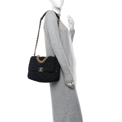 Chanel Tweed Quilted Large Chanel 19 Flap Black Navy Gold 2 of 12