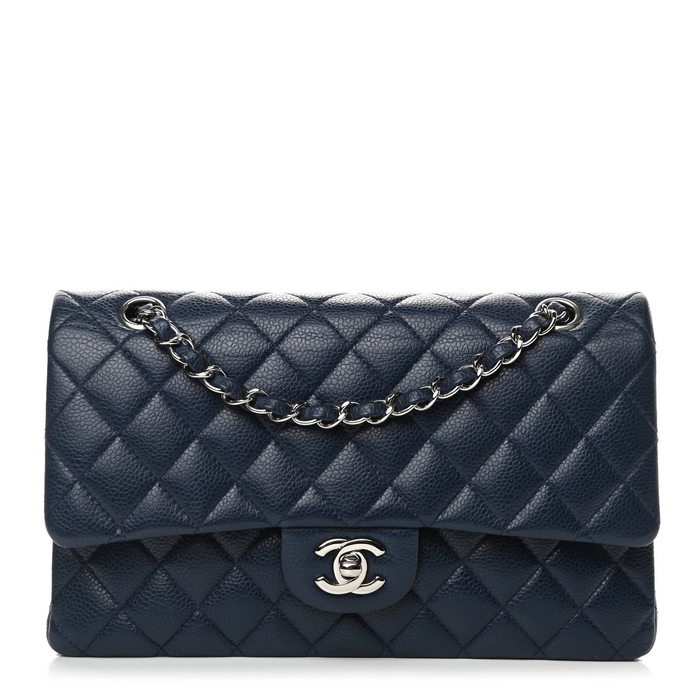Caviar Quilted Medium Double Flap Dark Blue