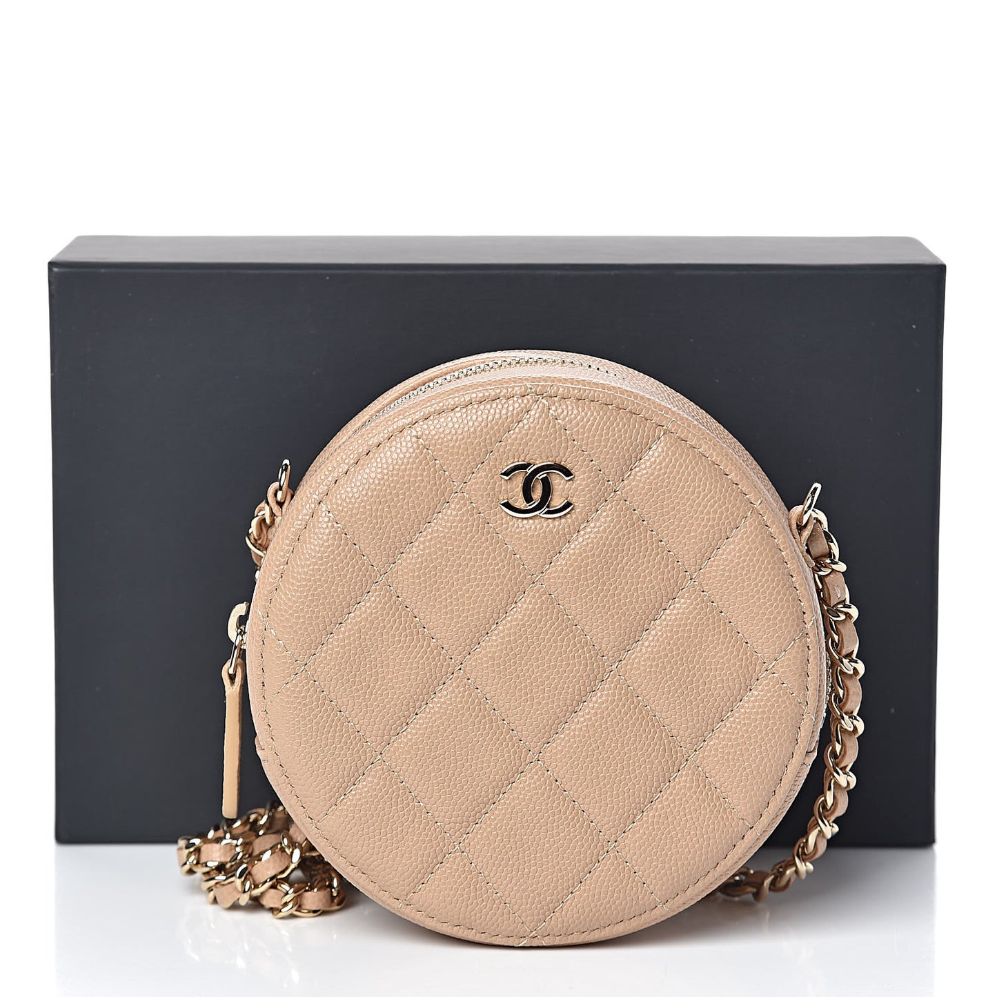 Caviar Quilted Round Clutch With Chain Beige