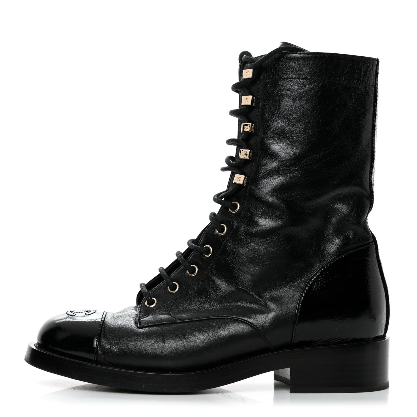 Patent Cap Toe Lace Up Combat Boots 39.5 Black