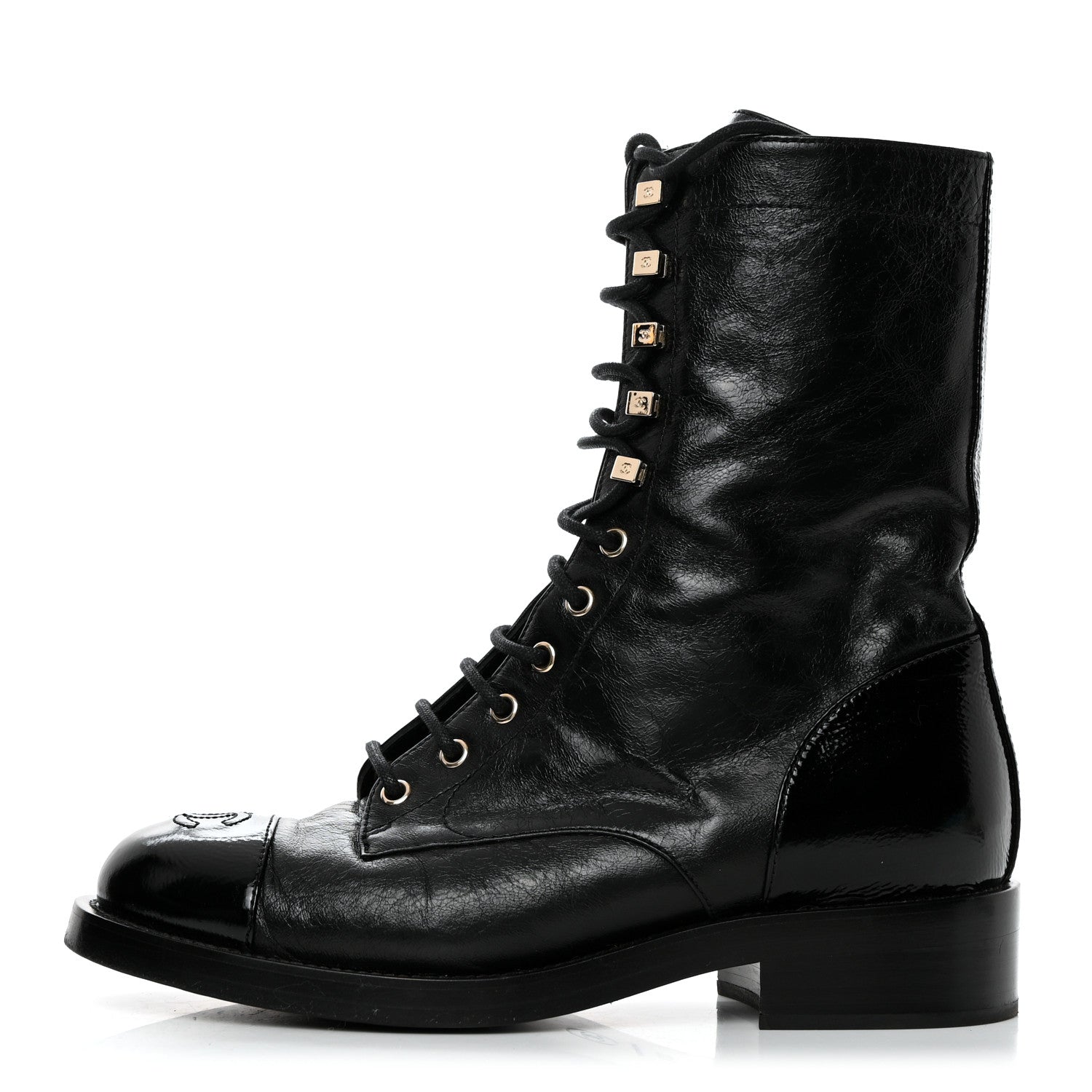 Chanel Patent Cap Toe Lace Up Combat Boots 39.5 Black 1 of 8