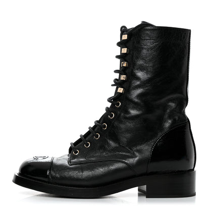 Chanel Patent Cap Toe Lace Up Combat Boots 39.5 Black 1 of 8