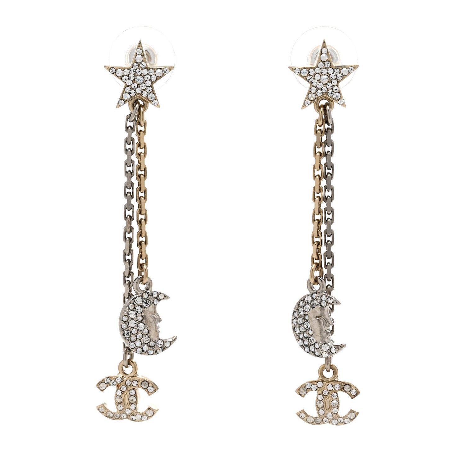 Crystal CC Star Moon Dangle Earrings Silver Gold