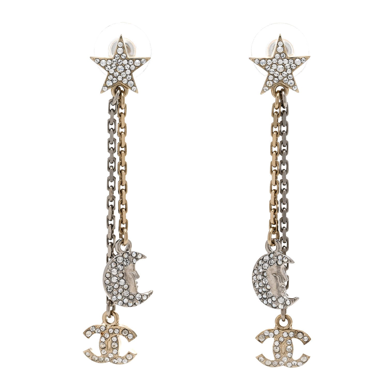 Chanel Crystal CC Star Moon Dangle Earrings Silver Gold 1 of 4