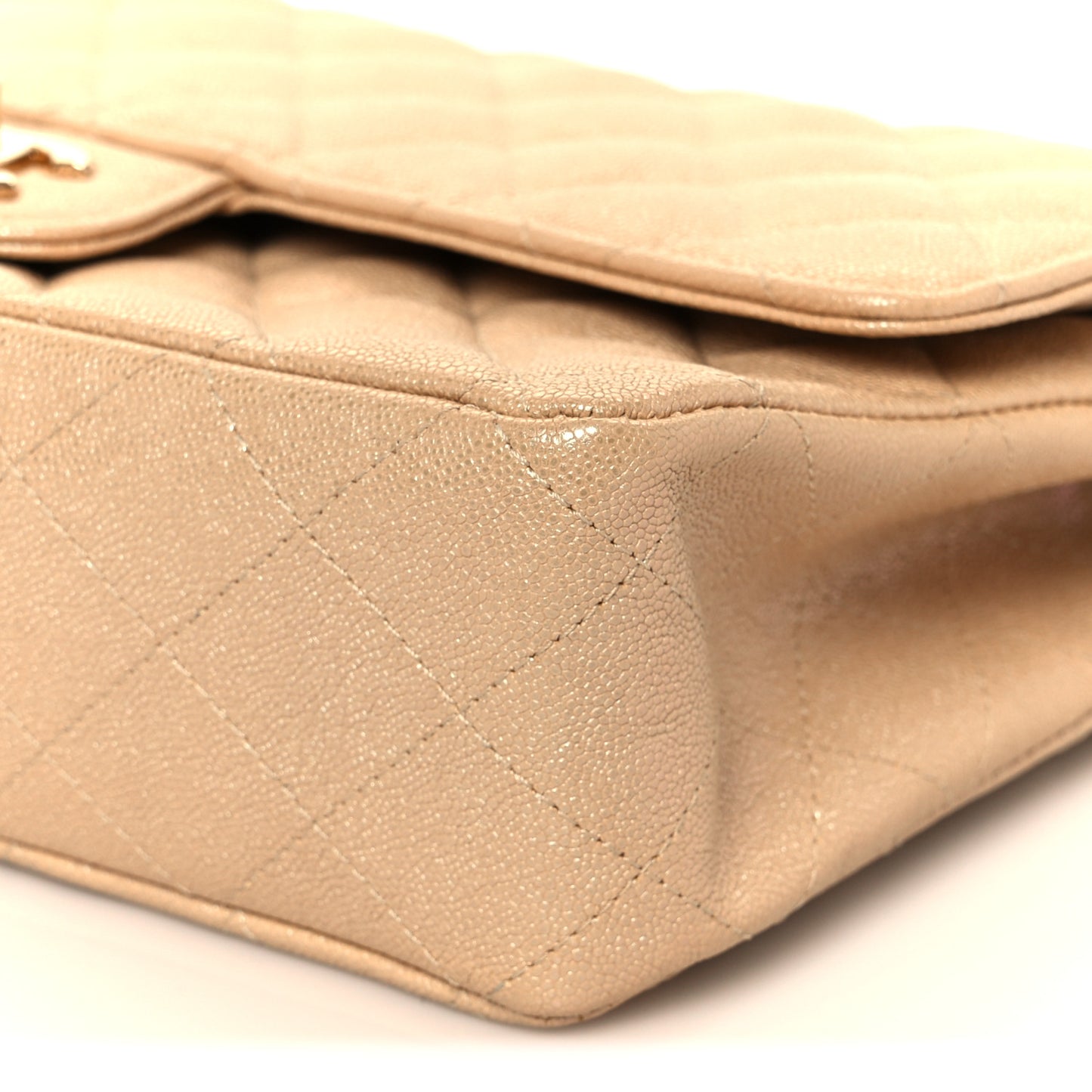 Iridescent Caviar Quilted Medium Double Flap Beige