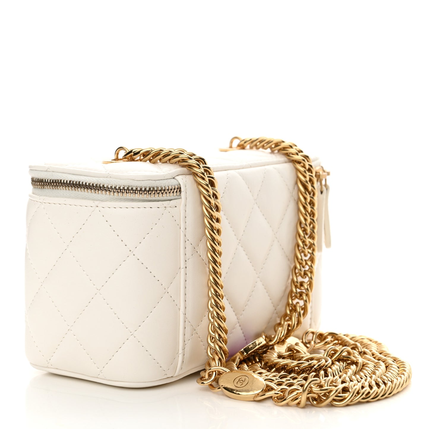 Lambskin Enamel Quilted Logo Small Vanity Case With Chain White