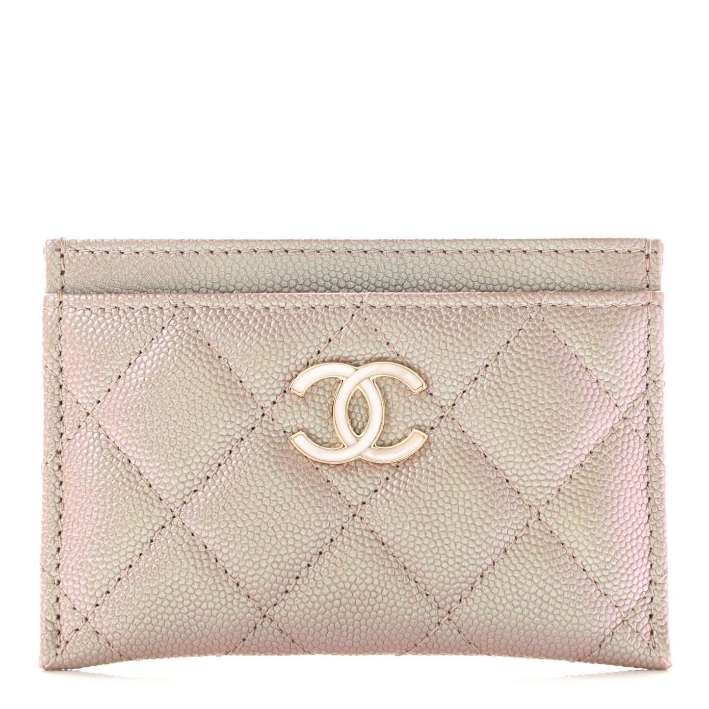 Iridescent Caviar Quilted Card Holder Beige