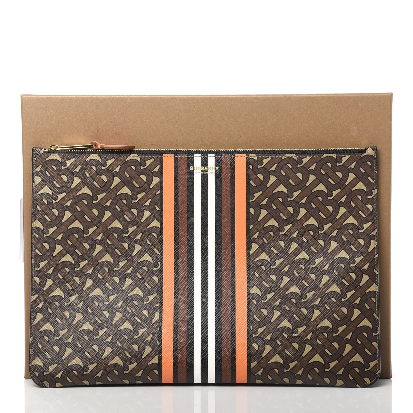 E-Canvas Monogram Stripe Zip Pouch Brown Orange
