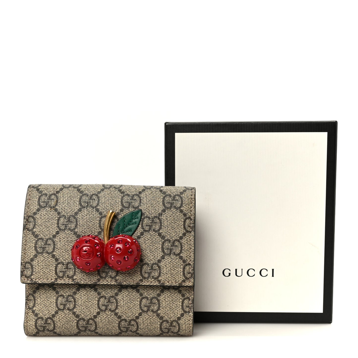 GG Supreme Monogram Cherry Embellished Card Case Wallet Hibiscus Red