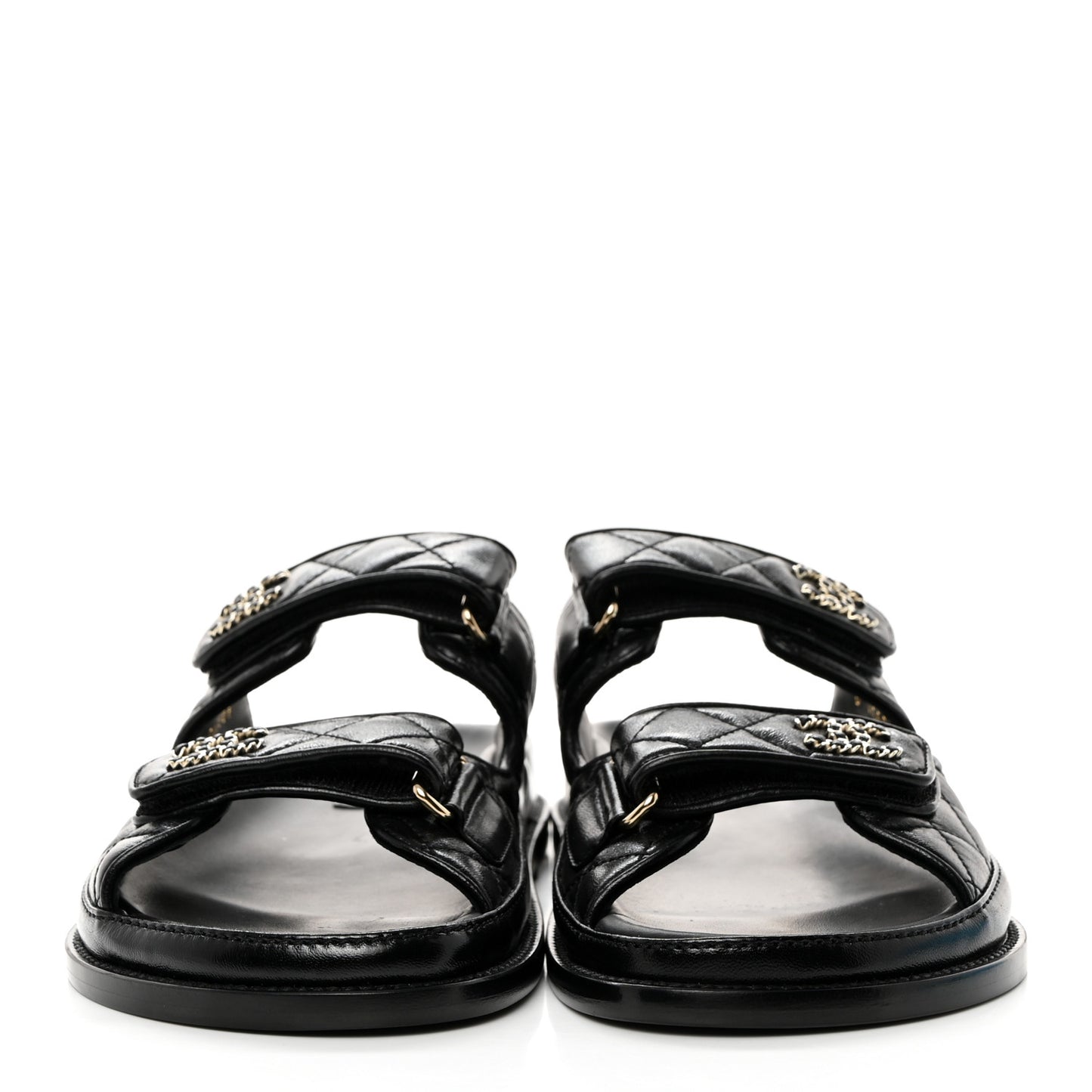 Lambskin Quilted Velcro Dad Chain CC Slide Sandals 38.5 Black