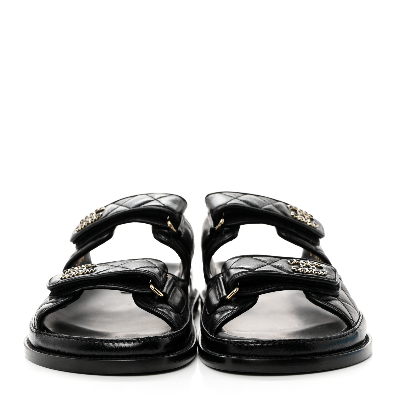 Chanel Lambskin Quilted Velcro Dad Chain CC Slide Sandals 38.5 Black 2 of 9