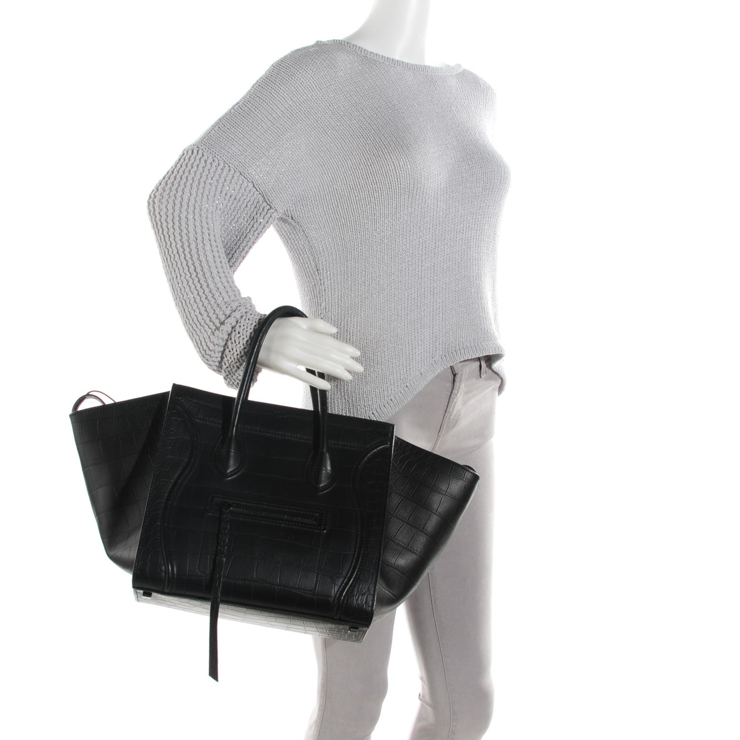 Celine Crocodile Embossed Calfskin Medium Phantom Luggage Black 2 of 7