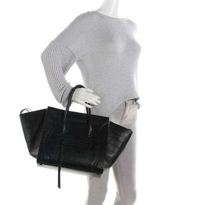 Celine Crocodile Embossed Calfskin Medium Phantom Luggage Black 2 of 7